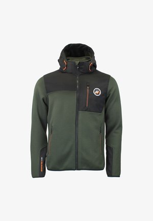 Veste de plein air à capuche verte et noire avec fermeture éclair à l'avant, poches poitrine et latérales zippées, et cordons de serrage orange sur la capuche.