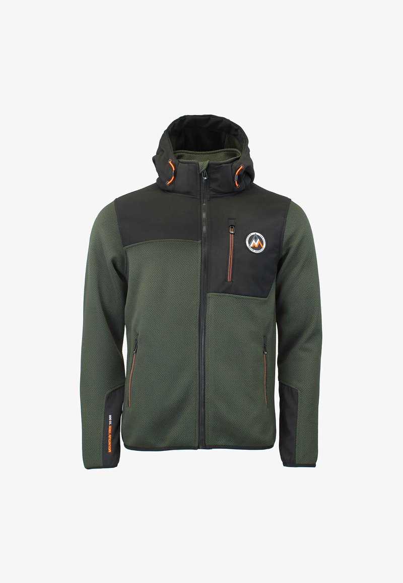 Veste de plein air à capuche verte et noire avec fermeture éclair à l'avant, poches poitrine et latérales zippées, et cordons de serrage orange sur la capuche.