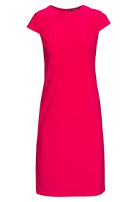Šaty s přiléhavým rukávem v jasně růžové barvě, s kulatým výstřihem a hladkým, texturovaným materiálem, který má skrytý zip na zadní straně.