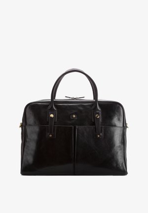 Valigetta in pelle nera con doppi manici, due tasche frontali e chiusura con cerniera superiore.