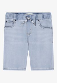 Shorts de mezclilla azul claro con cintura el�ástica, cordón y cinco bolsillos. Presentan costuras amarillas y un ajuste relajado.