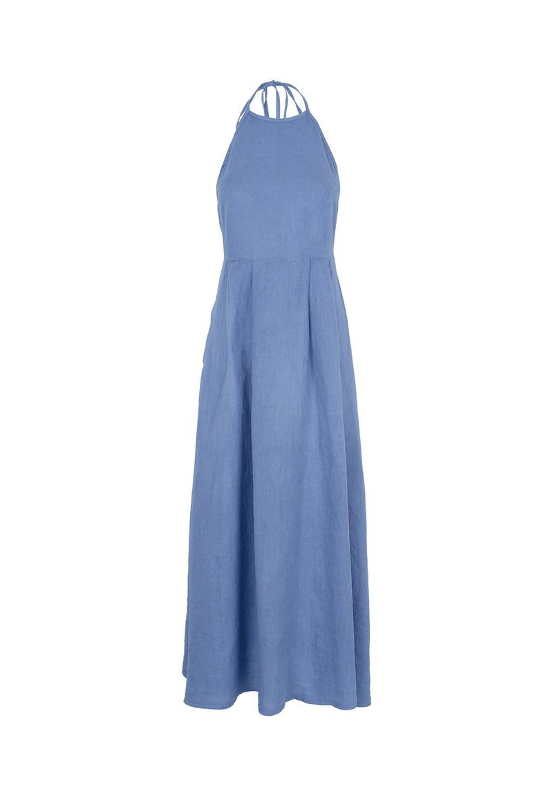 Blauwe linnen maxi-jurk met halternek. Heeft dunne bandjes en een vloeiende rok. Gladde textuur, eenvoudig ontwerp en geen patronen.