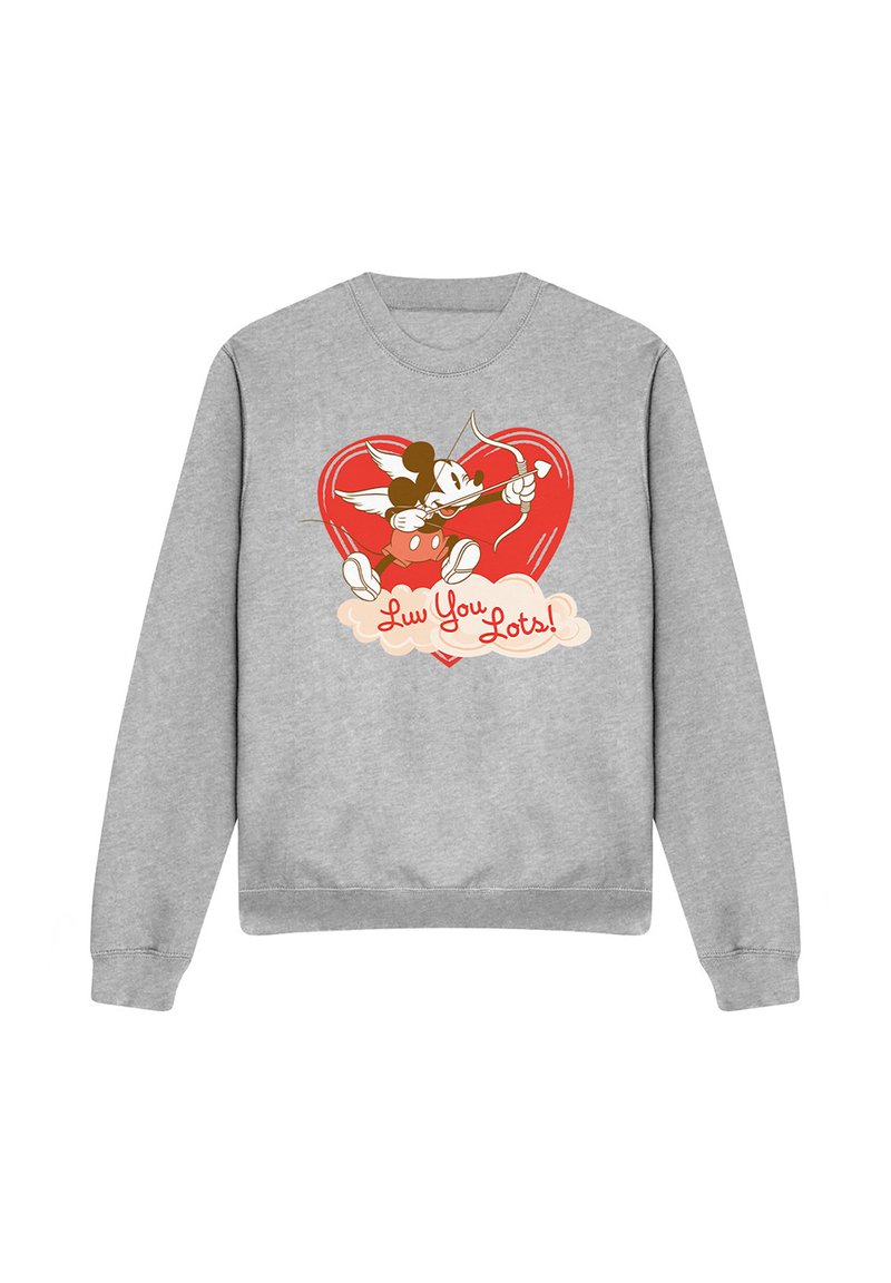 Gray sweatshirt featuring a cartoon design of a character with wings shooting an arrow, hearts, and the text "Luv You Lots!" in red.