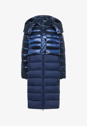 Navy blue puffer coat featuring a high collar, glossy finish, and a zippered front. Includes horizontal quilted sections and side pockets.