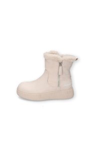 Hellbeige Knöchelstiefel mit Kunstfellbesatz, seitlichem Reißverschluss und strukturiertem Gummisohle. Glatt-suedeähnliches Material, runde Zehenform.