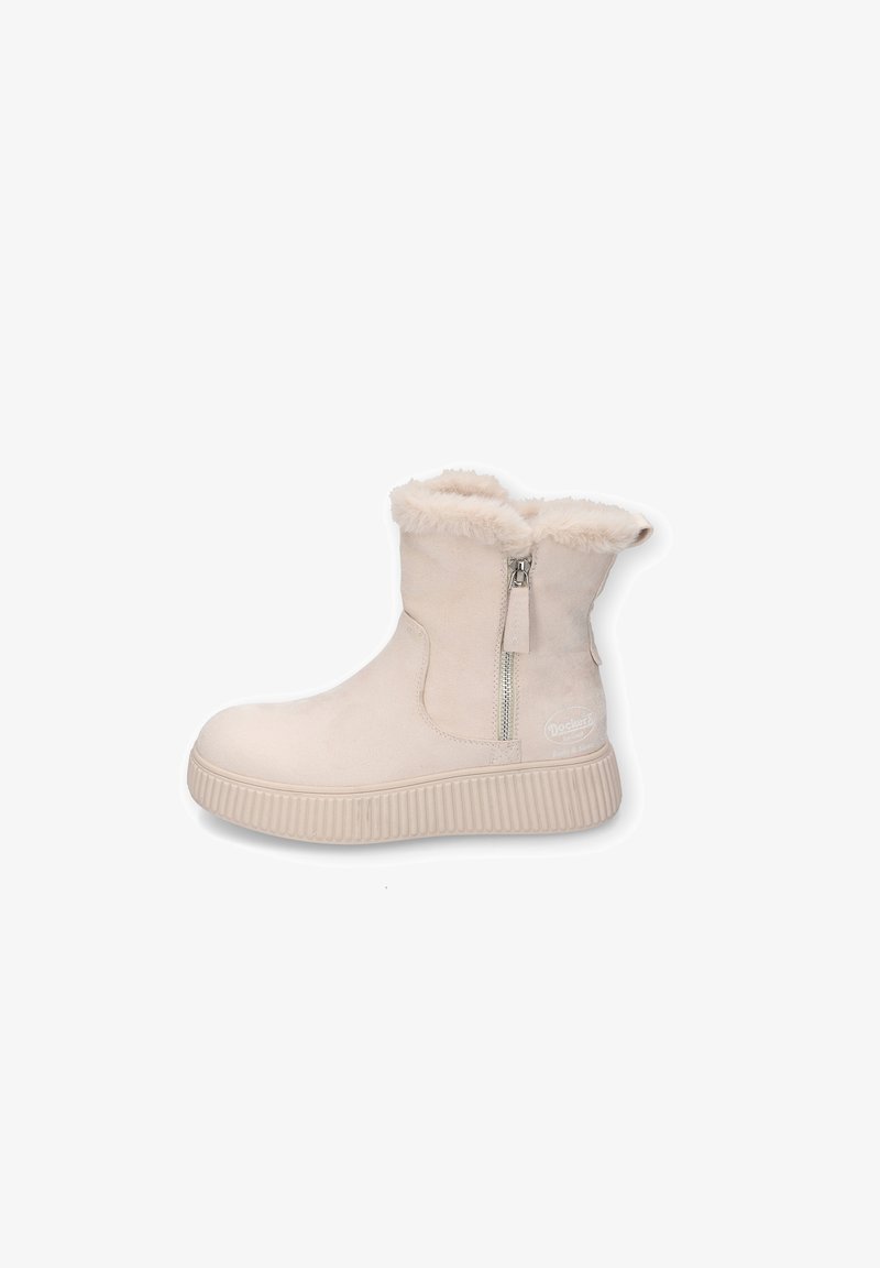 Hellbeige Knöchelstiefel mit Kunstfellbesatz, seitlichem Reißverschluss und strukturiertem Gummisohle. Glatt-suedeähnliches Material, runde Zehenform.