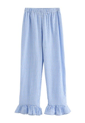 Hellblau-weiß karierte Pyjamahose mit elastischem Bund und gerafften Säumen vor weißem Hintergrund.