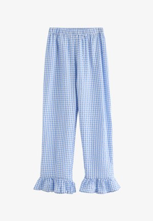 Hellblau-weiß karierte Pyjamahose mit elastischem Bund und gerafften Säumen vor weißem Hintergrund.