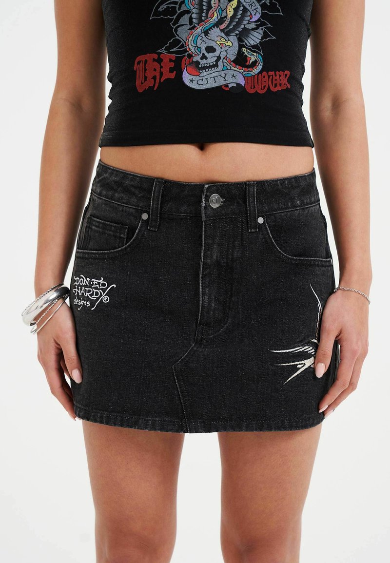 Ed Hardy SWALLOW SIDE - Denim skirt - black