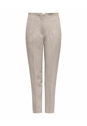 Pantalon beige sur mesure avec une taille ajustée, des fines rayures verticales et deux poches avant. Tissu lisse avec une silhouette élégante.