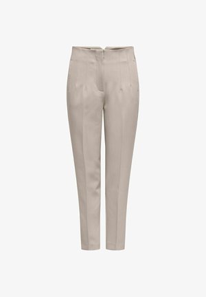 Pantalon beige sur mesure avec une taille ajustée, des fines rayures verticales et deux poches avant. Tissu lisse avec une silhouette élégante.