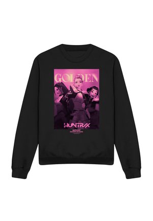 Black sweatshirt with a pink graphic of three animated female characters, "GOLDEN" text above, and "HUNTRAX K-POP DEMON HUNTERS" below.