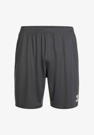 Zwarte sportshorts met een elastische tailleband en een gladde textuur. Heeft een klein logo aan de onderkant van de rechterzijde.