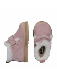 Roze peuterlaarzen met een donzige witte voering, klittenbandsluiting en rubberen zolen, afgebeeld vanuit zij- en bovenaanzicht.