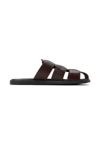 Braune Leder-Sandale mit offenen Zehen und vier breiten Riemen. Sie verfügt über eine schwarze Gummisohle und eine glatte Oberfläche.
