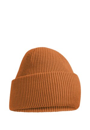 Rust-colored knitted beanie hat with folded cuff and ribbed texture, shown against a white background.
