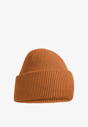 Rust-colored knitted beanie hat with folded cuff and ribbed texture, shown against a white background.