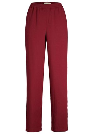 Rode broek met elastische tailleband, gemaakt van zachte stof, met een rechte pijp en zonder zichtbare zakken of versieringen.