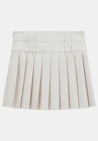 Helle beige Faltenrock mit hohem Taillenbund und zwei genähten Akzentriemen. Hergestellt aus einem glatten Material. Reißverschluss hinten.