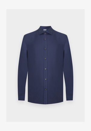 Long-sleeve navy blue dress shirt with a classic collar and seven front buttons, displayed against a light gray background.