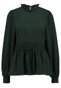 Tmavě zelená blůza s dlouhými rukávy, volánkovým výstřihem a krajkovým lemem v oblasti pasu. Texturovaná tkanina s peplum siluetou.