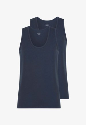 Due canotte senza maniche di colore blu scuro, sovrapposte con quella davanti completamente visibile e quella dietro parzialmente visibile.