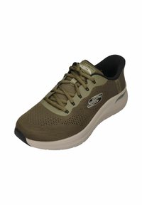Men's athletic shoe, olive green mesh upper, padded collar, lace-up design, lightweight foam midsole, black rubber accent on the toe.