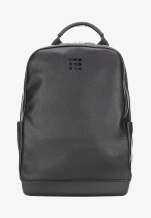 Black faux leather backpack with a smooth texture, square logo on the front, and side pockets. Features a top handle and zip closure.