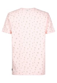 Svetle růžové tričko s opakovaným vzorem palmy v béžové barvě. Krátké rukávy, kulatý výstřih, vyrobené z měkké bavlněné látky.