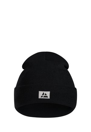 Svart stickad mössa med uppvikt kant, med en liten vit logotyp på framsidan. Mjuk textur och rundad toppdesign.