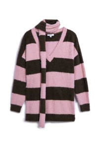 Fuzzy oversized trui in roze en bruine horizontale strepen. V-hals ontwerp met een bijpassende sjaal eraan bevestigd. Zacht, gestructureerd stof.