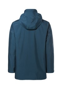 Giacca impermeabile blu navy con cappuccio, maniche lunghe e taglio dritto. Tessuto liscio senza motivi o dettagli visibili.