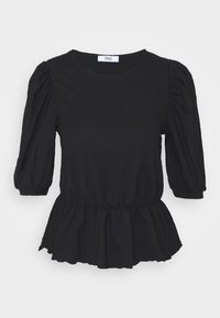 Černý peplum top s krátkými balónovými rukávy, texturovanou tkaninou, kulatým výstřihem a detailním nařasením v pase. Neformální design vhodný pro různé příležitosti.