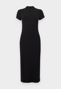 Robe midi noire à manches courtes avec une silhouette cintrée et un col rond, présentée sur un fond uni gris clair.