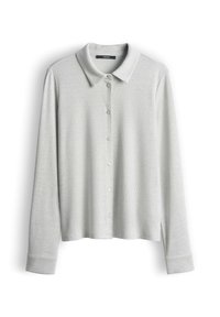 Camicia grigia chiaro a maniche lunghe con colletto, chiusura a bottoni e texture a coste. Presenta una vestibilità rilassata e maniche con polsini.