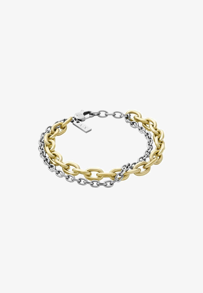 Kædearmbånd med sammenflettede sølv- og guldled med en poleret overflade. Inkluderer et lille, gravert mærke, der er fastgjort.