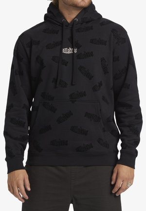 Black hoodie made of soft fabric, featuring a repetitive embossed logo pattern, kangaroo pocket, and drawstrings at the hood.