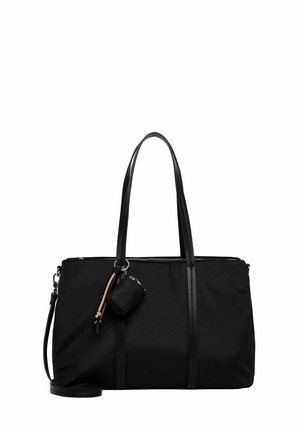 Sac fourre-tout rectangulaire noir avec deux longues poignées, une petite poche attachée et une bandoulière amovible sur fond blanc.