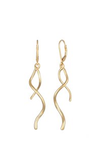 Goldfarbene Ohrringe mit einem gedrehten, abstrakten Design, einer glatten Oberfläche und einem Klappverschluss, der etwa fünf Zentimeter lang ist.