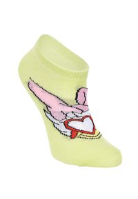 Calcetín de tobillo verde con un gráfico de personaje rosa y un contorno de corazón rojo. Fabricado con material suave y elástico, con una textura lisa.
