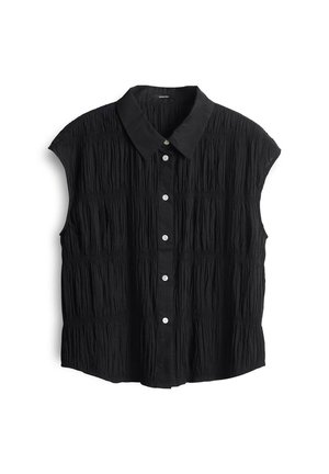Black short-sleeve shirt featuring a textured, crinkled fabric, a classic collar, and a button-down front with round white buttons.