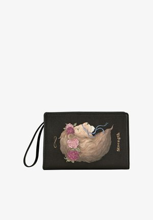 Črn portfelj z ilustracijo leva in cvetličnim vencem. Prisoten je napis "Moč". Narejen je iz teksturiranega materiala z zapestnico.