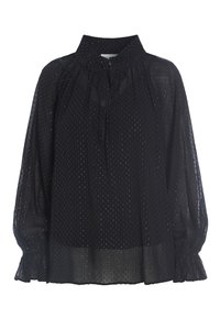 Zwarte blouse met lange mouwen van doorschijnende stof, voorzien van een hoge kraag, gerimpelde manchetten en een overal textuurpatroon van kleine verhoogde stippen.