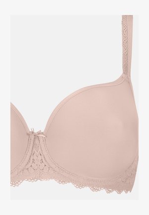 Soutien-gorge rose clair avec un design de coque lisse et moulé, orné de délicates bordures en dentelle le long de la bande et des bretelles. Des accents en dentelle intriqués enrichissent le détail.