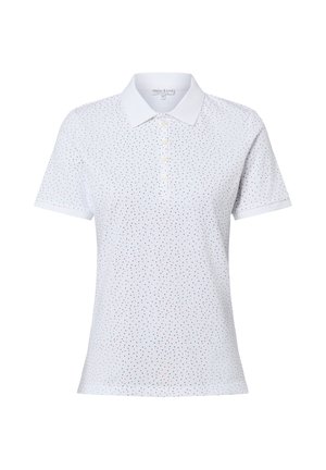 White short-sleeve polo shirt with small red and black dot pattern and a buttoned placket at front center.
