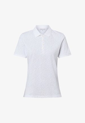 Wit poloshirt met korte mouwen met een klein rood-zwart stippatroon en een geknoopte knoopsluiting middenvoor.