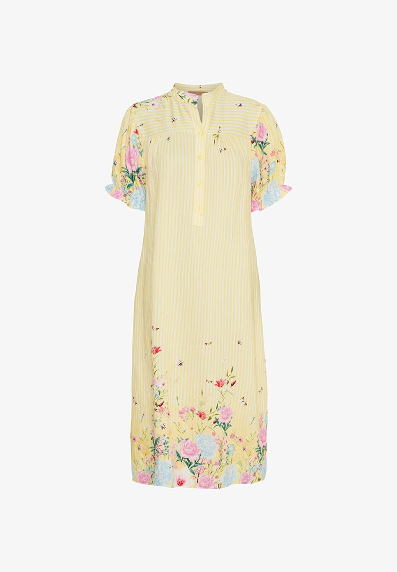 Gulstribet kjole med blomsterdetaljer ved skuldrene og kanten, uden krave og med knaplukning fortil. Blødt stof.