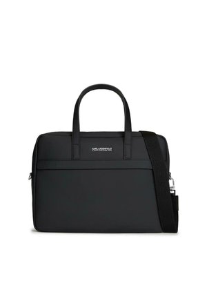 Sacoche d'ordinateur portable rectangulaire noire avec double poignée et sangle d'épaule ajustable, avec petit logo blanc Karl Lagerfeld à l'avant.