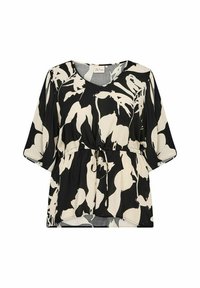 Blouse noire et crème avec un col en V, des manches courtes, une taille cintrée et un motif floral. Fabriquée en tissu léger et fluide.