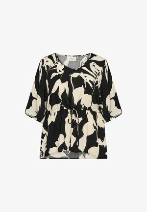 Bluză neagră cu crem, cu decolteu în V, mâneci scurte, talie strânsă și un model floral. Fabricată dintr-un material ușor și fluid.